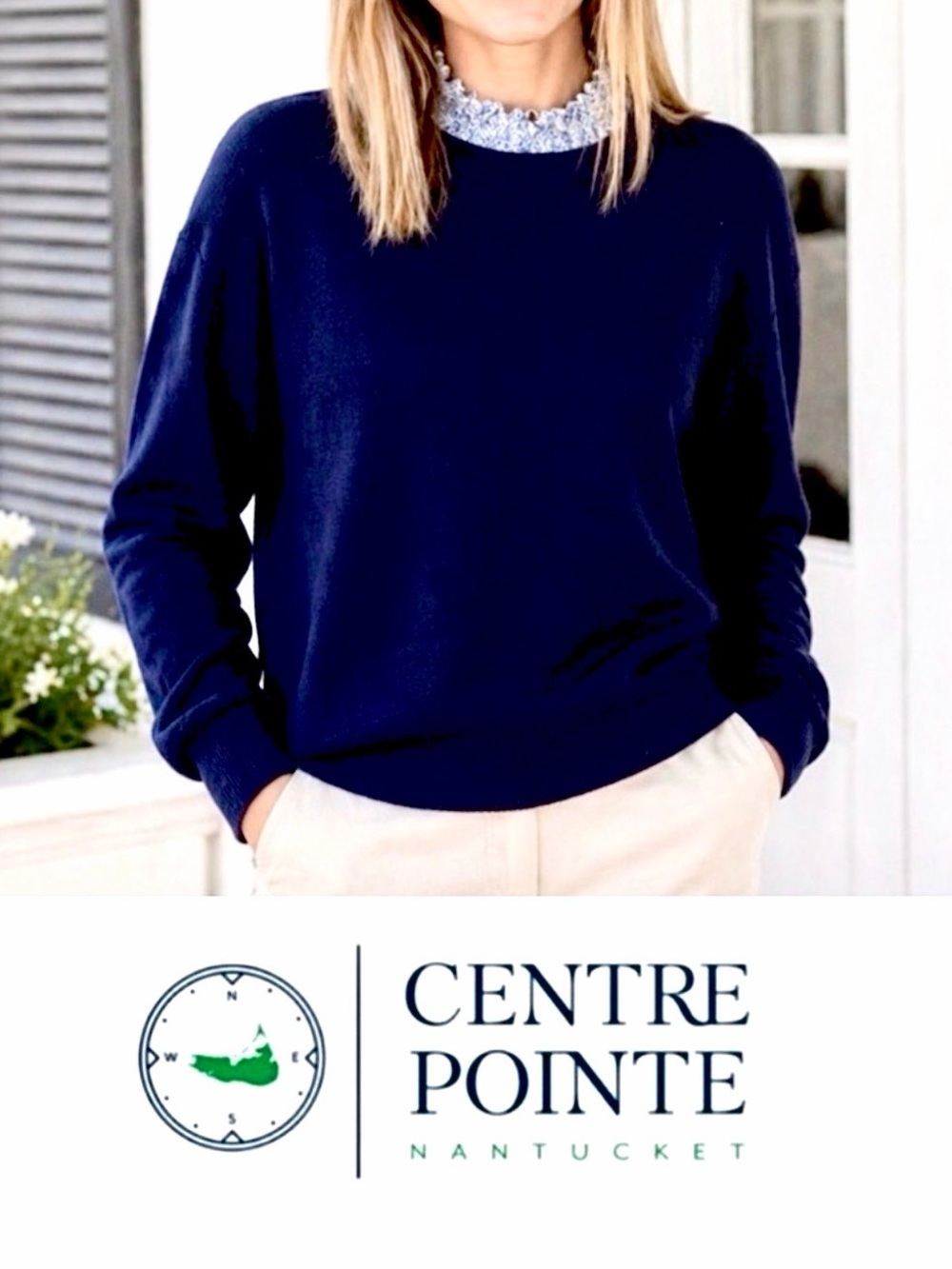 CENTRE POINT NANTUCKET - Navy Cotton Women's Sweater with Dickey Collar, Size M